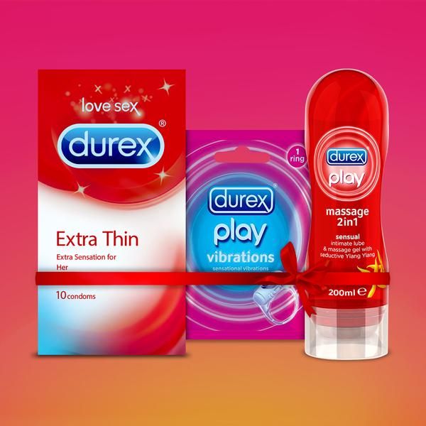 Durex Intense Satisfaction Combo pack,Durex massage gel 2in1 200ml Lubricant gel & Durex Extra Thin Condom 10 pcs & Durex play vibrations