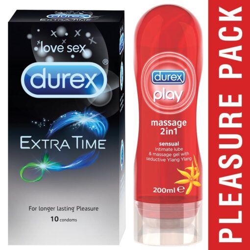 Durex Combo of Extra Time 10S Condoms and Durex Play Lube massage Gel 2in1, 200ml