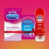 Durex Night and Day Combo [Extra Ribbed Condom Pack of 10 + 200ml Sensual Play Massage 2in1 Lubricant Gel + Play Vibrations Ring]
