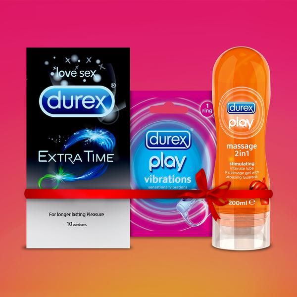 Durex Combo [Extra Time Condom Pack of 10 + 200ml Stimulating Play Massage 2in1 Lubricant Gel + Play Vibrations Ring]