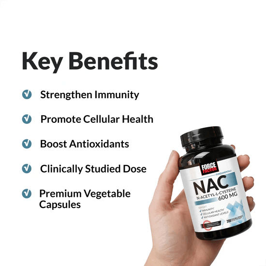 OWERFUL ANTIOXIDANT SUPPORT Free radicals and oxidants are byproducts of cell metabolism, often worsened by factors such as poor diet, pollution, stress, and even intense exercise. Too many free radicals in your body can build up over time and lead to oxidative stress, which can be harmful to your health. Antioxidants fight oxidative stress. While your body can produce antioxidants naturally, they are ideally supplied by foods and supplements like N-acetyl-L-cysteine (NAC). NAC is a powerful antioxidant and an important amino acid that supports a variety of biological processes. Unlike other antioxidants like vitamins C and E, NAC helps your body replenish glutathione, the most powerful naturally occurring antioxidant. By increasing glutathione levels, NAC helps strengthen your immune system and provides you with greater protection against free radicals and oxidative stress. Every serving provides 600mg of NAC — the clinically studied dose of this potent compound — designed for maximum impact and real results.